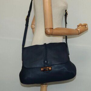 GUCCI Shoulder Bag Leather Blue Gold 338985 Auth 123404